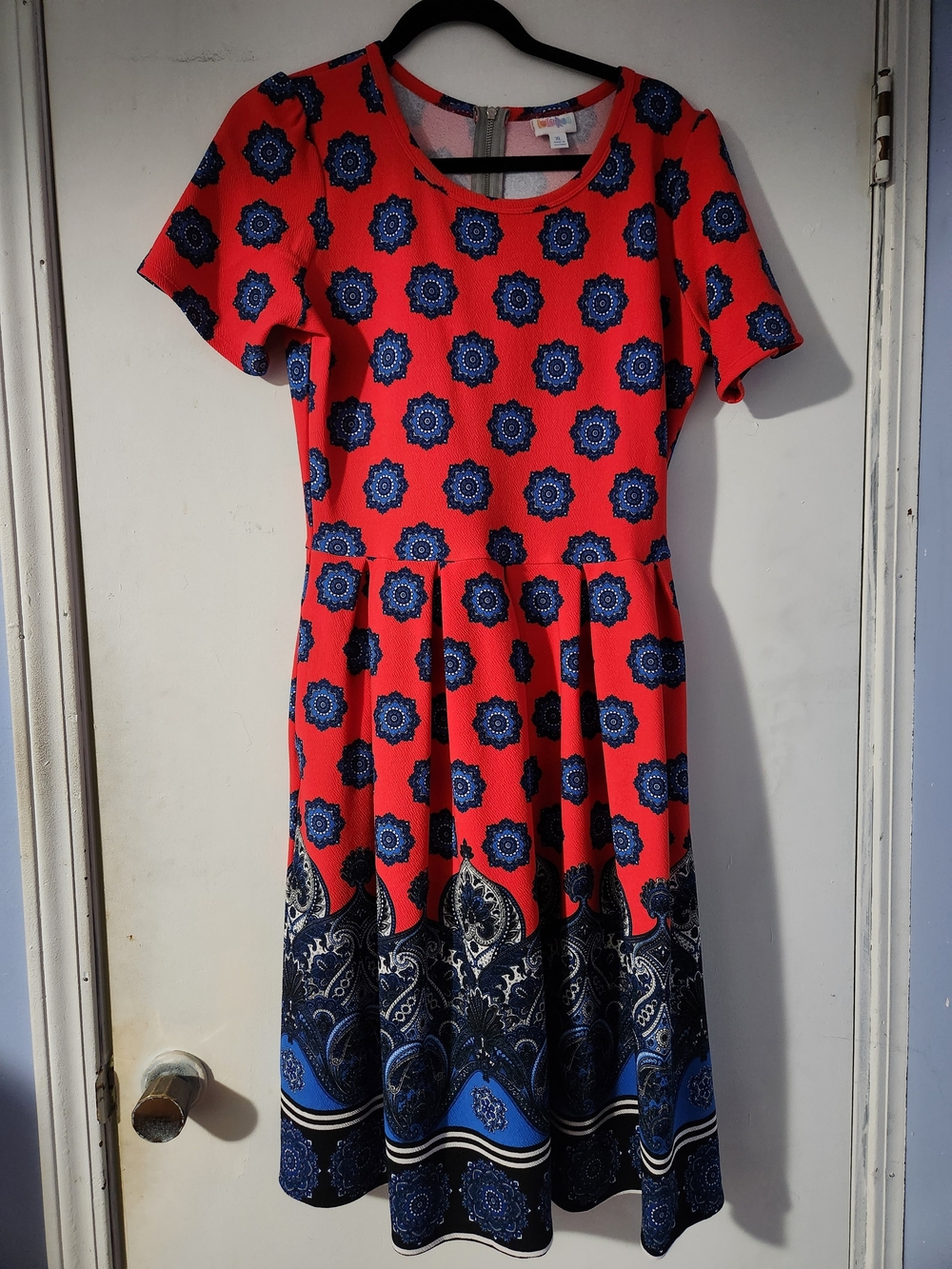 LuLaRoe Red Dress with Blue Medallion Border